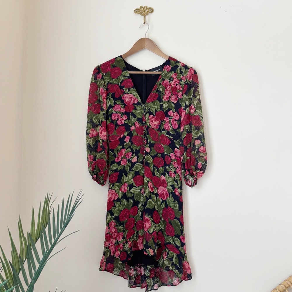 The Kooples Parisian Chic Painted Rose Silk Floral Swiss Dot Dress Sz 2 Medium